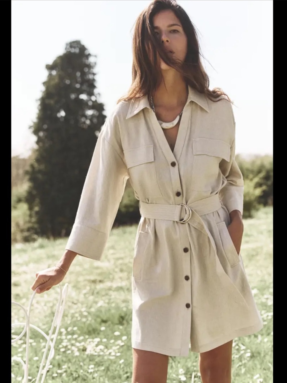 Zara Cream Belted Button-Front Shirt Dress
